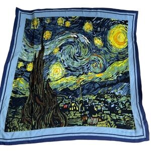 Scarf Vincent's Starry Night Van Gogh Art Hand Rolled Stitched Edge Blue Yellow